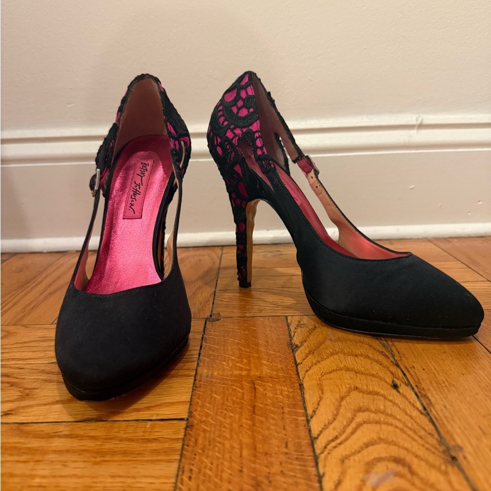 Betsey Johnson Black and Pink Lace Heels